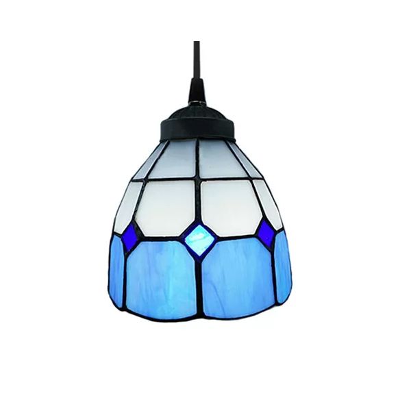 1 Bulb Ceiling Pendant Light Tiffany-Style Flower Handcrafted Stained Glass Suspension Lighting in Yellow/Light Blue/Dark Blue