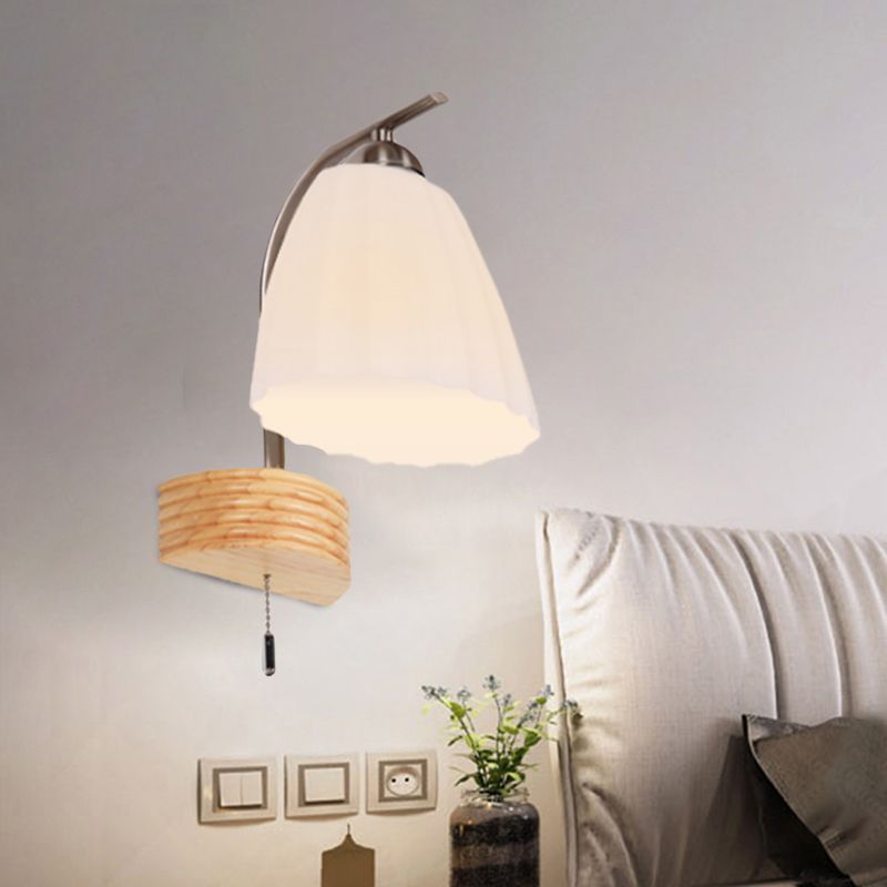 Milk Ribbed Glass Flared Sconce Light Fixture Modern 1 Head Wall Lamp with Pull Chain and Wood Backplate