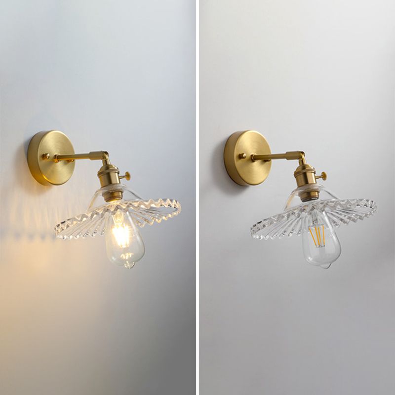 Brass Contemporary Armed Wall Mounted Light Fixture 1-Light Glass Sconce Light for Bedroom