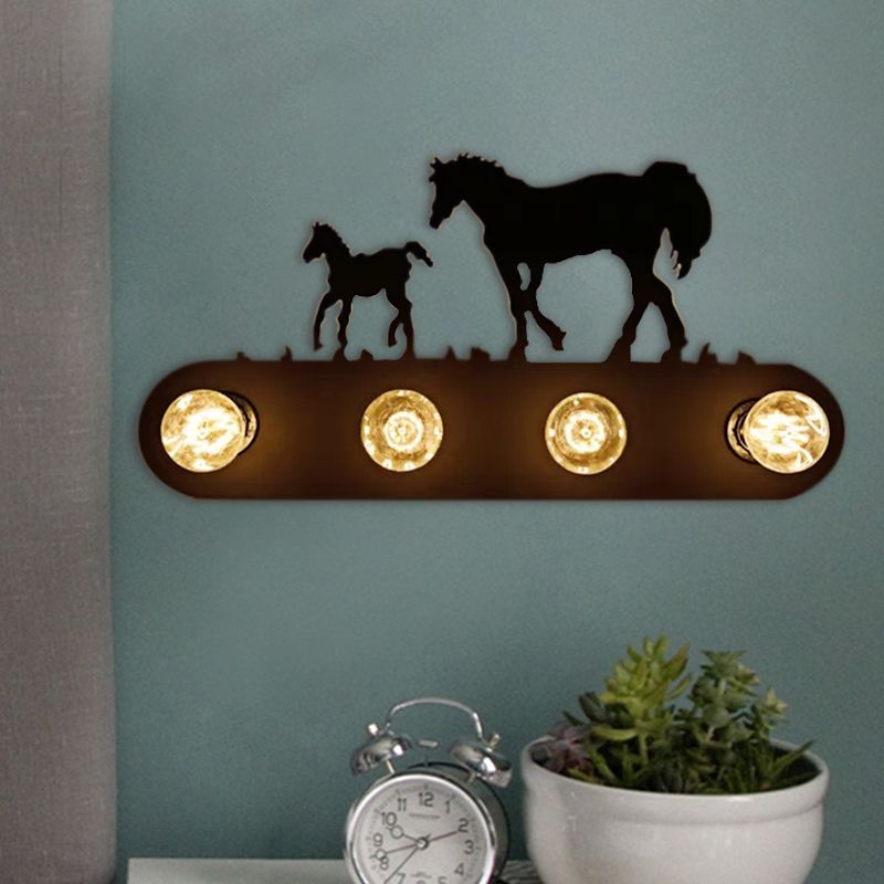 Black Conveyor Belt Wall Light with Horse 4 Lights Antique Metal Sconce Light for Restaurant
