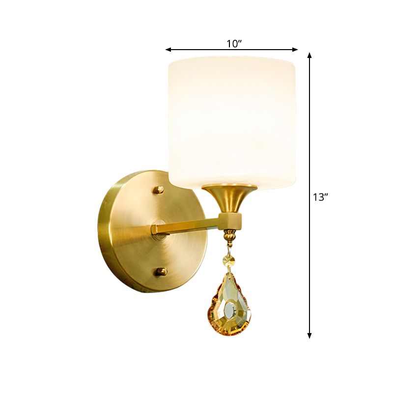 Drum Shade Hallway Wall Sconce Modern Style Milk Glass 1/2-Bulb Brass Finish Wall Lamp with Amber Crystal Draping