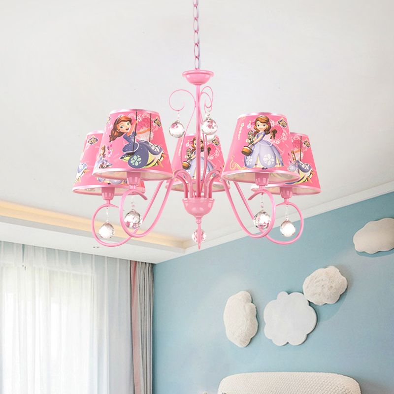5/6 Bulbs Nursery Ceiling Chandelier Kids White/Pink Pendant Light Fixture with Bucket Fabric Shade