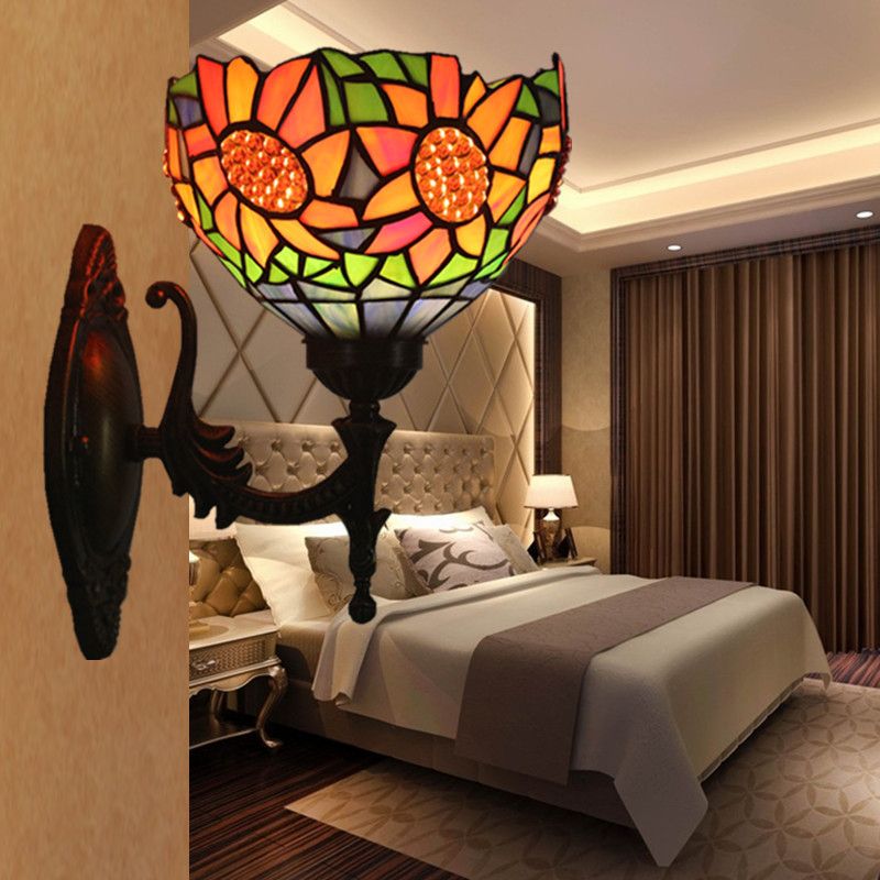 1 Light Bedroom Wall Lighting Baroque Brass Sunflower Patterned Wall Sconce with Bowl Stained Glass Shade