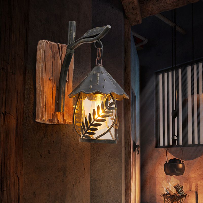 Maison en verre transparent mural Murled Farmhouse 1 Corridor Light Corridor Feuille d'éclairage mural en marron avec plaque arrière en bois