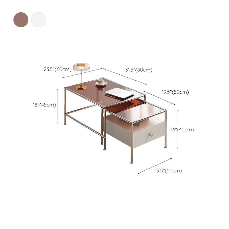 Modern 2 Nesting Glass Coffee Table Set Steel 4 Legs 1 - Drawer Cocktail Table