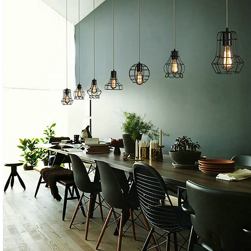 Black Caged Pendant Lighting Industrial Metal 1-Light Restaurant Suspension Light
