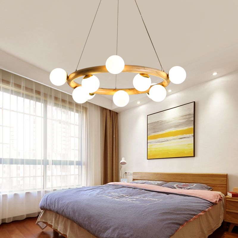Modern Creative Chandelier Wooden Globe Pendant Light with White Glass Shade