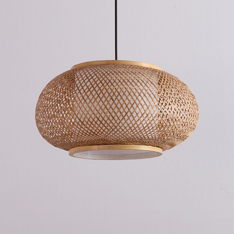 1 Light Rounded Drum Hanging Light Fixture Asia Wicker Ceiling Light with Hanging Cord for Restaurant