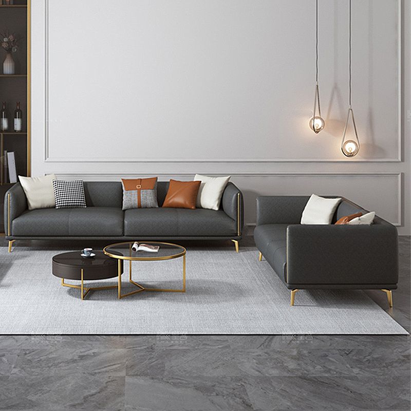 Contemporary Dark Gray Standard Sofa Faux Leather Sqaure Arm Couch