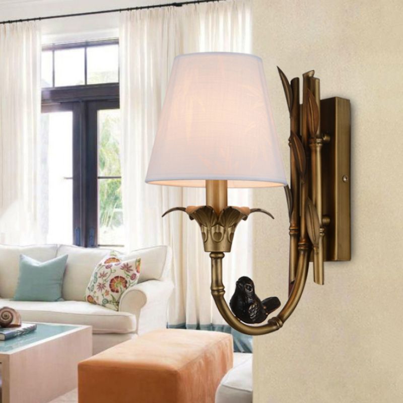 1 Light Wall Lamp Country Cone Fabric Sconce Light Fixture in White with Brass Metal Backplate