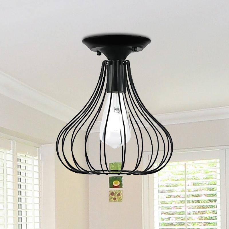 Retro Loft Globe / Pear Cage Ceiling Fixture 1 Light Metallic Semi-Flush Mount Light in Black for Hallway