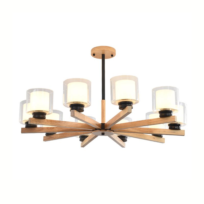 Wooden Chandelier Modern Living Room Suspension Lamp with Glass Shade
