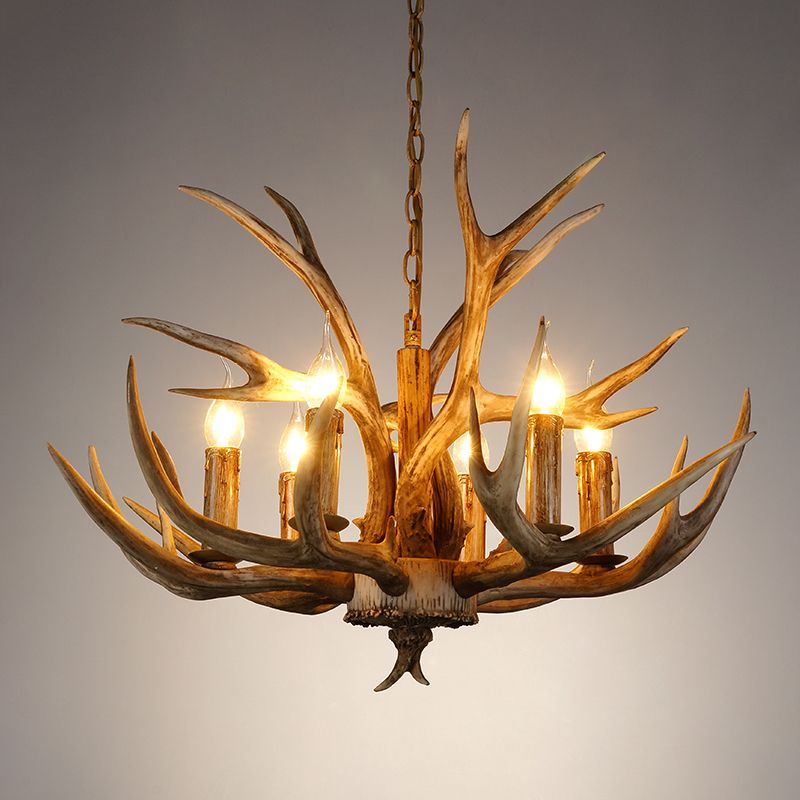 6 lumières Lautres Plafond Horn Pendant Rural Rural Brown Resin Chandelier Lampe pour le salon