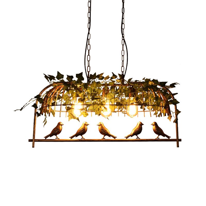 Island Ceiling Light Rural Birdcage Cast Iron Hanging Light Fixture with Bird and Leaf Deco