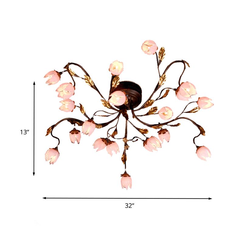 Metal Dark Brown Semi Flush Lotus 20 Bulbs American Garden LED Close to Ceiling Lamp for Study Room