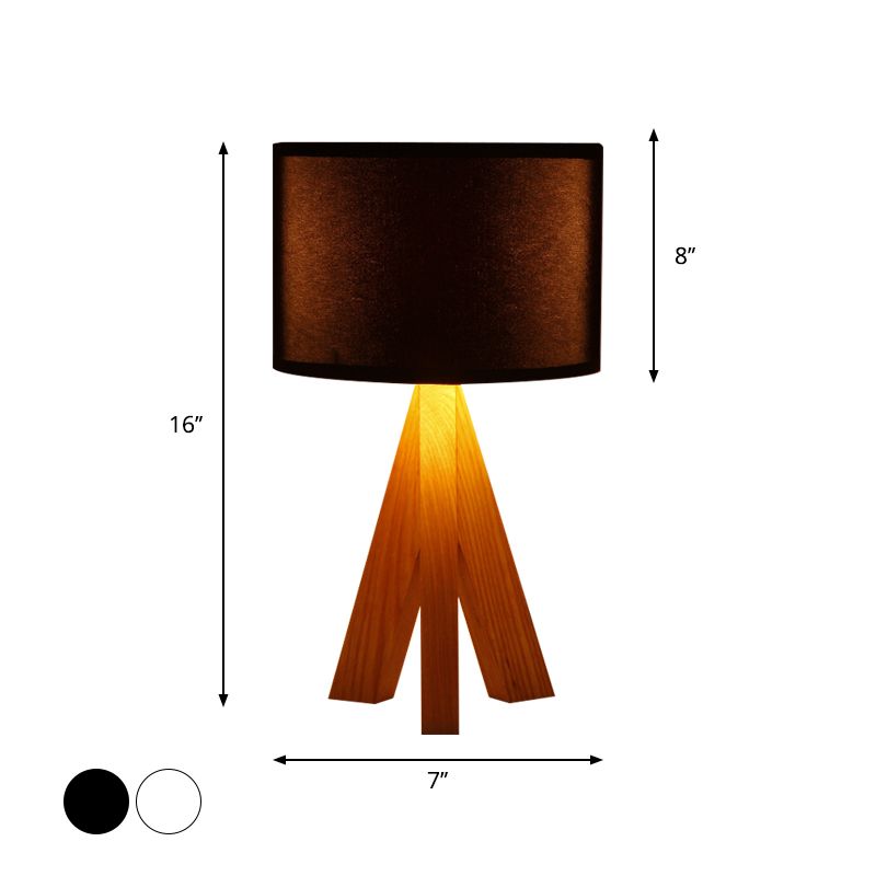Black/White Cylinder Table Lighting Modern 1 Light Fabric Night Lamp with Wood Tripod Stand