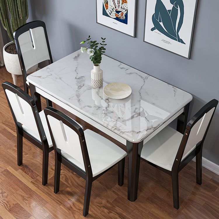 Traditional Style Marble Dining Set with White Fixed Table and 4 Black Legs Base