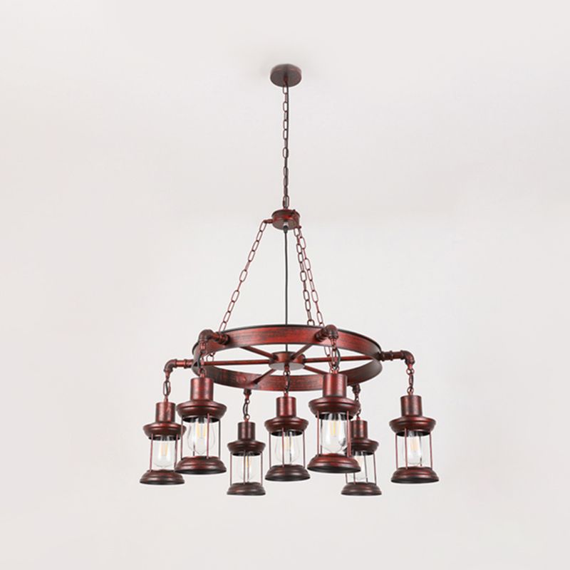 Industrial Wagon Wheel Chandelier Lighting Iron Pendant Light with Clear Glass Shade in Bronze