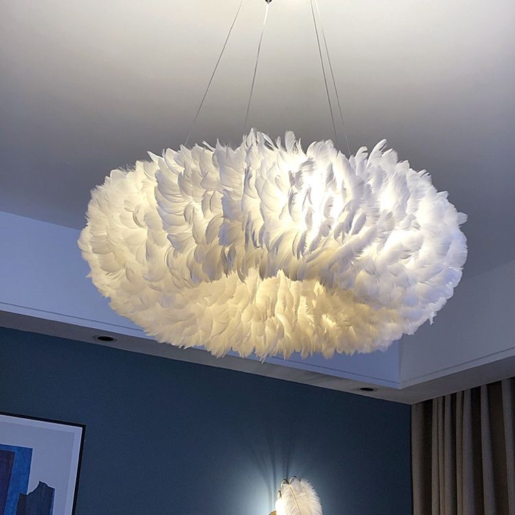 Art Deco White Feather Drop Pendant Modern Creative Round Hanging Ceiling Light for Bedroom