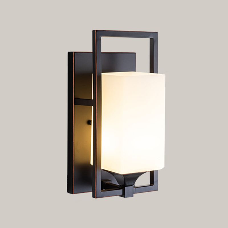 Retro Metal Wall Light Black 1 Light Wall Sconce with White Glass for Living Room
