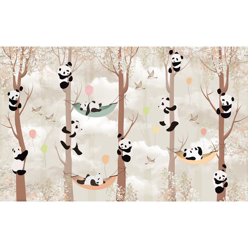 Whole Cartoon Mural Wallpaper Brown Panda Climbing Wall Decor, Personalized Size