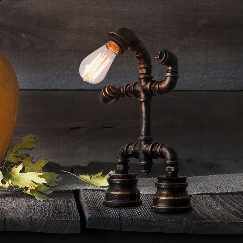 1 Light Robot Pipe Small Desk Light Rustic Black Iron Night Table Lamp with Plug-In Cord