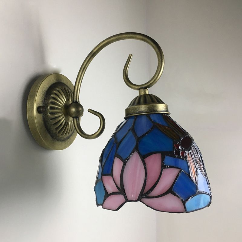 1 Bulb Wall Lamp Sconce Victorian Bowl Stained Glass Dragonfly Patterned Wall Light Fixture in Brass