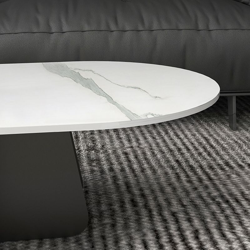 Glam Style Oval Coffee Table with Marble Top and Iron Base in Black