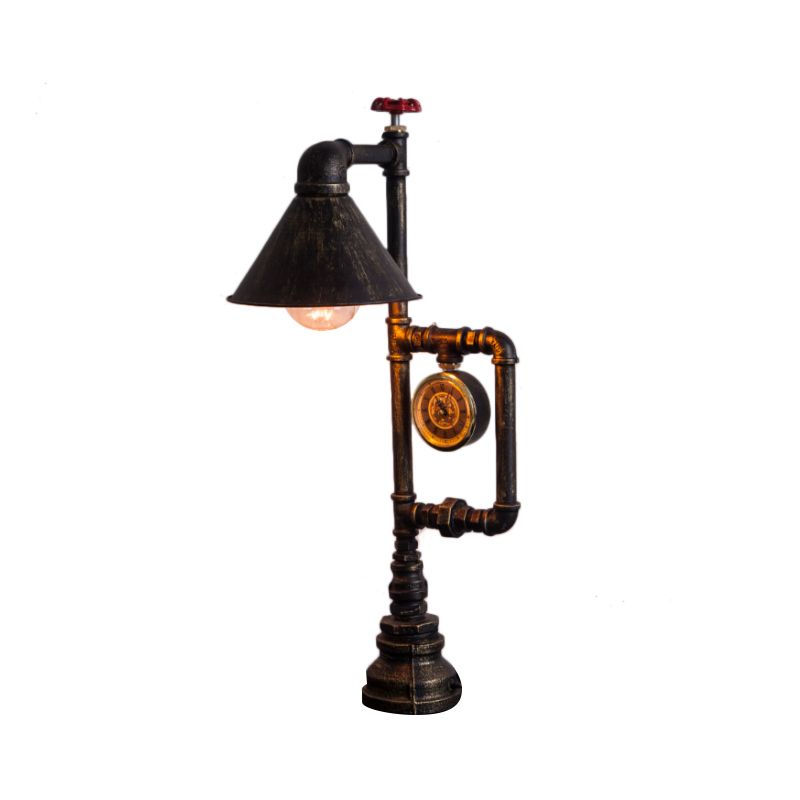 1 Bulb Conical Table Lighting with Clock Deco Steampunk Brass Finish Wrought Iron Standing Table Light