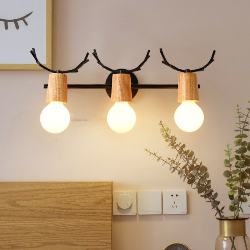 Noordse stijl eenvoud houten wandlamp metalen gewei ontwerp open lamp sconce licht voor slaapkamer