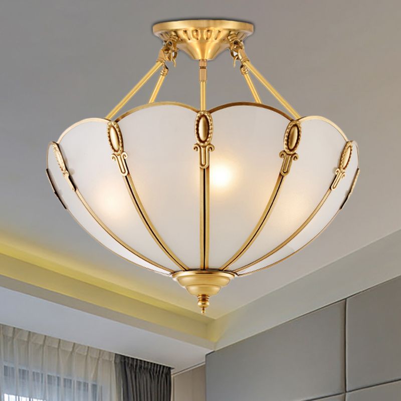 3/4 Bulbs Scalloped Ceiling Flush Mount Colonial Brass Satin Opal Glass Semi Mount Lighting for Living Room, 13"/17" W