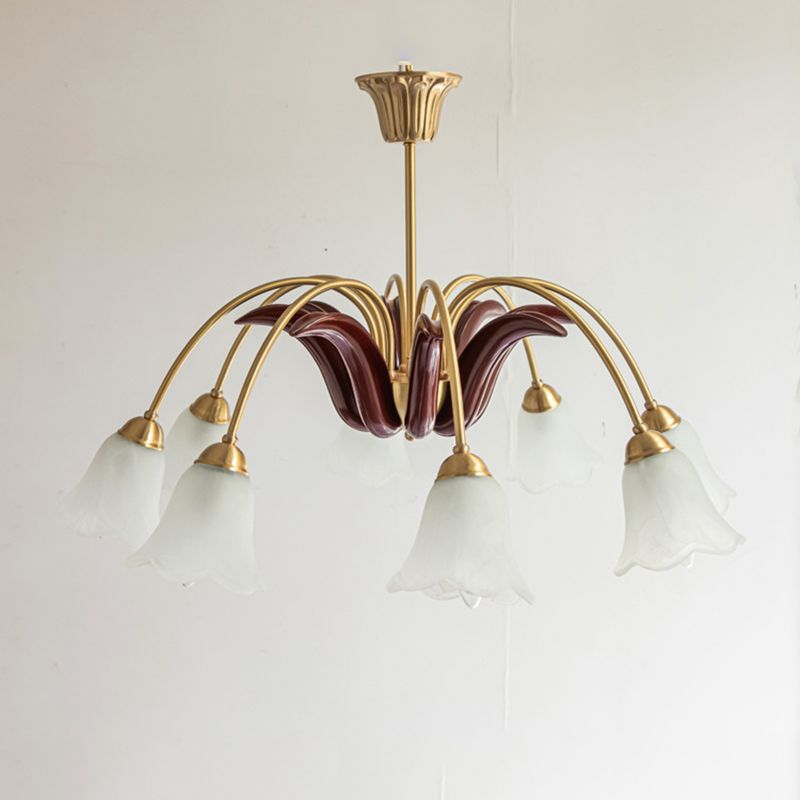 Frosted Glass Chandelier Antique Golden Scalloped Pendant Light Fixture for Living Room
