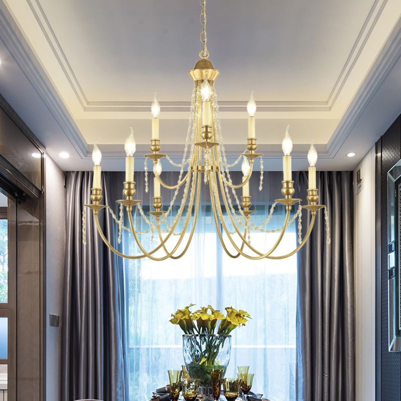Kit de lumière suspendue à la chandelle Countryside Crystal Swag 9 lumières Gold Finish Chandelier Lampe Ayémand avec bras incurvé