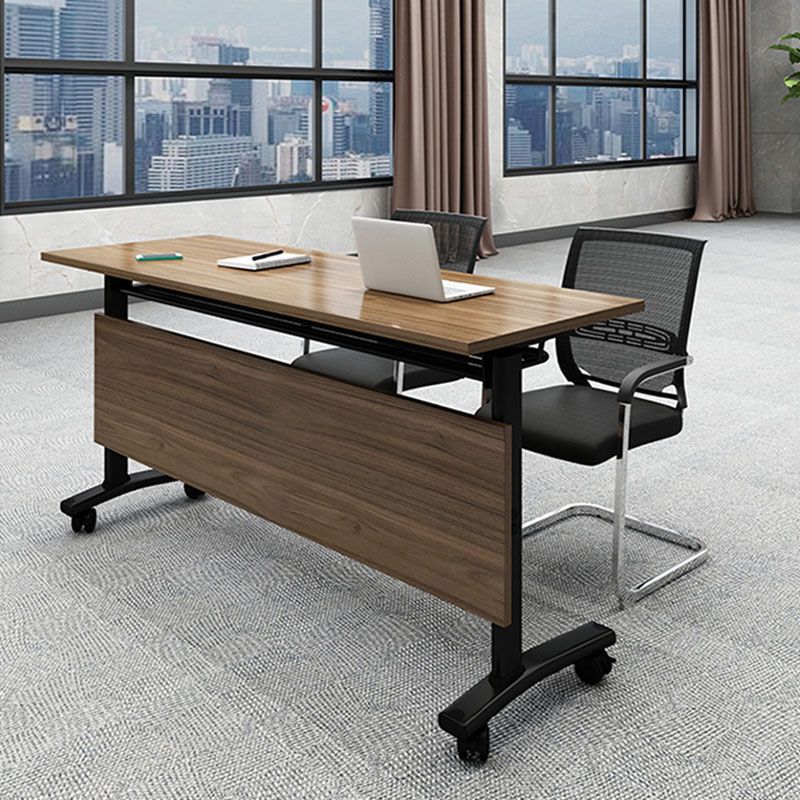 Modern Folding Office Desk Brown Movable Task Desk with Wheels for Meeting Room