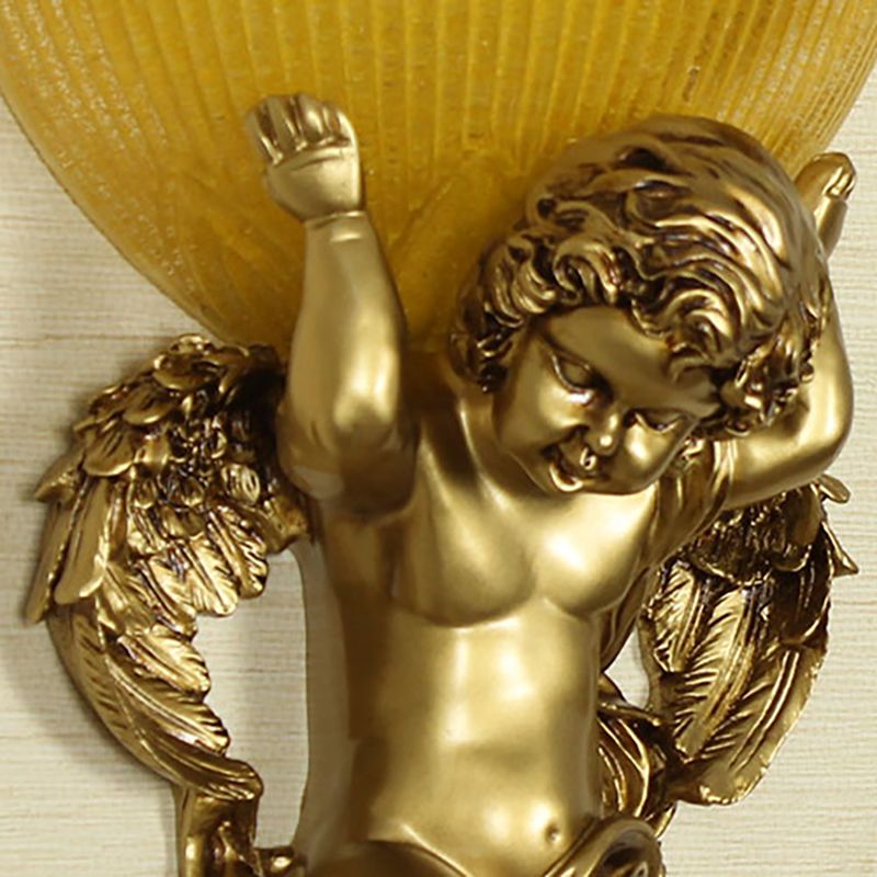 Angel Sconce Light Colony Metal 1 Head White/Gold Wall Lamp Fixture with Dome Amber Glass Shade, Left/Right