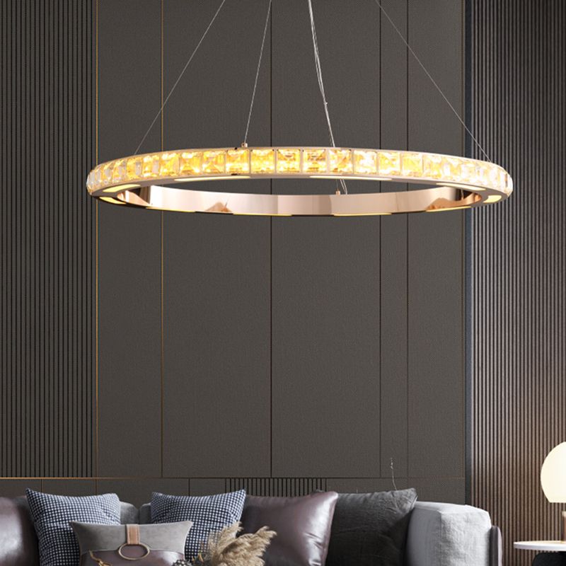 Gold Ring Shaped Chandelier Simple Crystal Embedded LED Pendant Light for Living Room