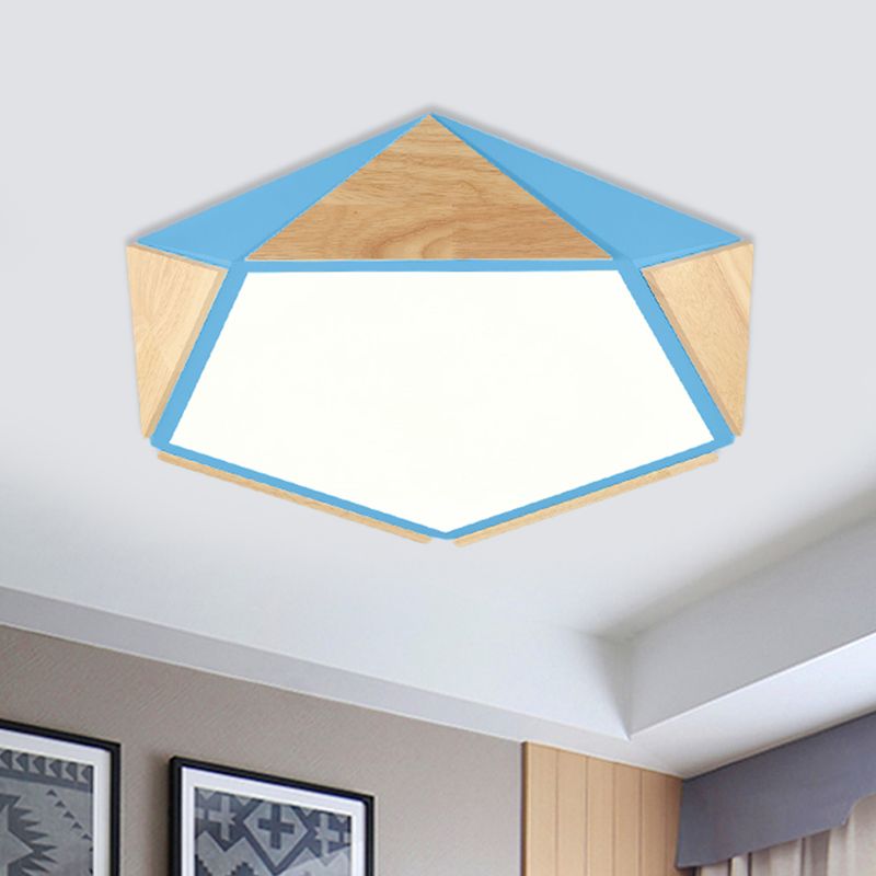 Flat Pentagon Ceiling Mount Light Macaron Stylish Wood LED Flush Light for Kids Bedroom