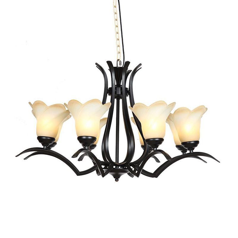1/2-Tier Flower White Glass Chandelier Lighting Traditional 3/6/8 Lights Black Living Room Hanging Ceiling Lamp