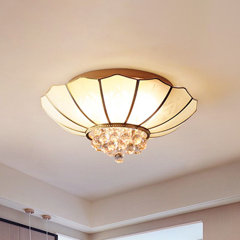 Milky Glass Scalloped Flush Light Colonialist 4/6 Lights Bedroom Flush Mount with Clear Crystal Ball
