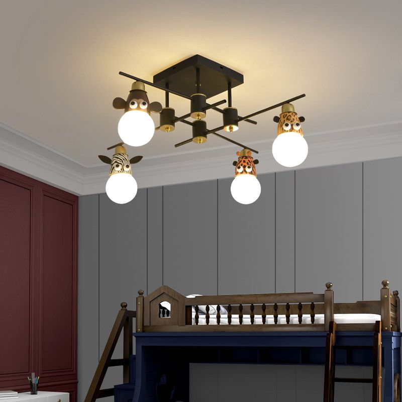 Animal Head Metal Semi Flush Kids Style Black Flush Ceiling Light Fixture for Bedroom