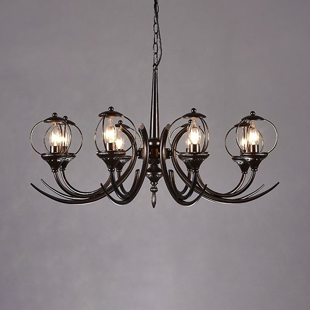 Farmhouse Wire Guard Chandelier Lighting with Curved Arm 8 Heads Iron Hanging Light Fixture in Black