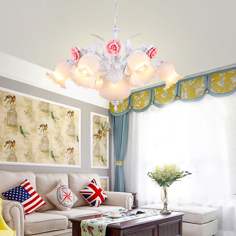 Pink 8 Bulbs Hanging Chandelier Romantic Pastoral White Glass Rose Suspension Pendant