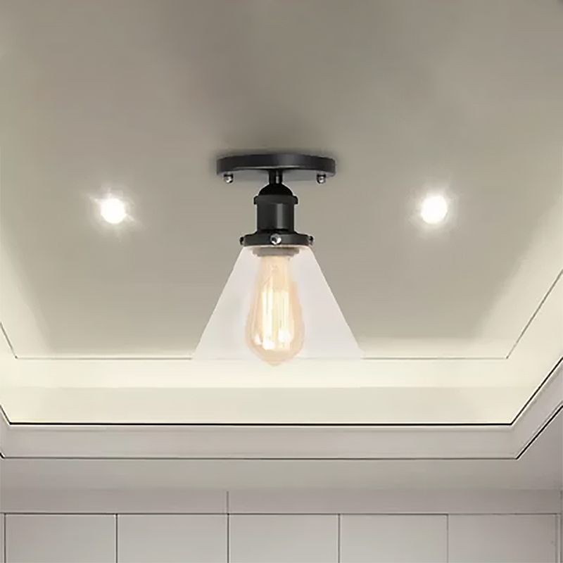 Single Bulb Semi-Flush Mount Industrial Conical Clear Glass Ceiling Light in Black / Brass / Copper