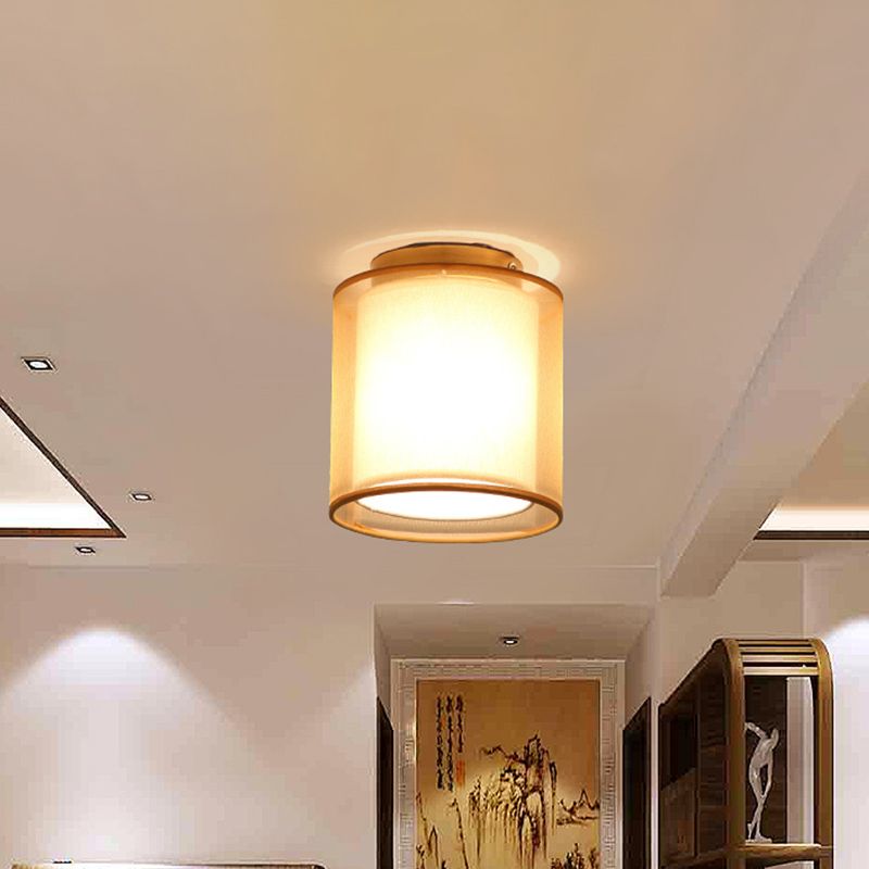 Simple 1 Light Ceiling Lighting Brass Dual Square/Cylinder Mini Flushmount Lighting with Fabric Shade