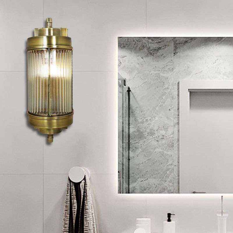 16"/23.5" H Ribbed Glass Golden Wall Mount Lamp Cylinder 1 Head Colonial Sconce Lighting