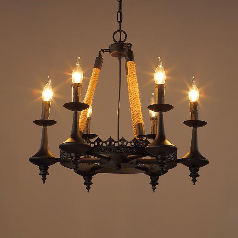 Iron Candle Chandelier Light Fixture Warehouse 6/8 Heads Dining Room Hanging Ceiling Light in Black with Rope Cord