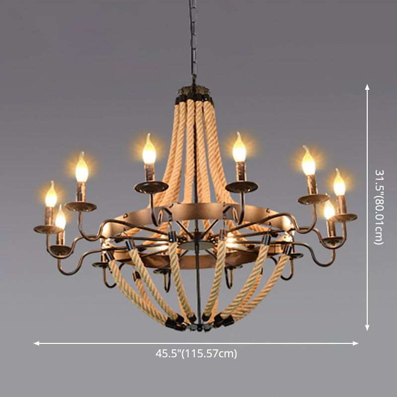 Black Finish Candle Shape Chandelier Light Industrial Rope Style Hanging Pendant Lamp with 39" Adjustable Chain