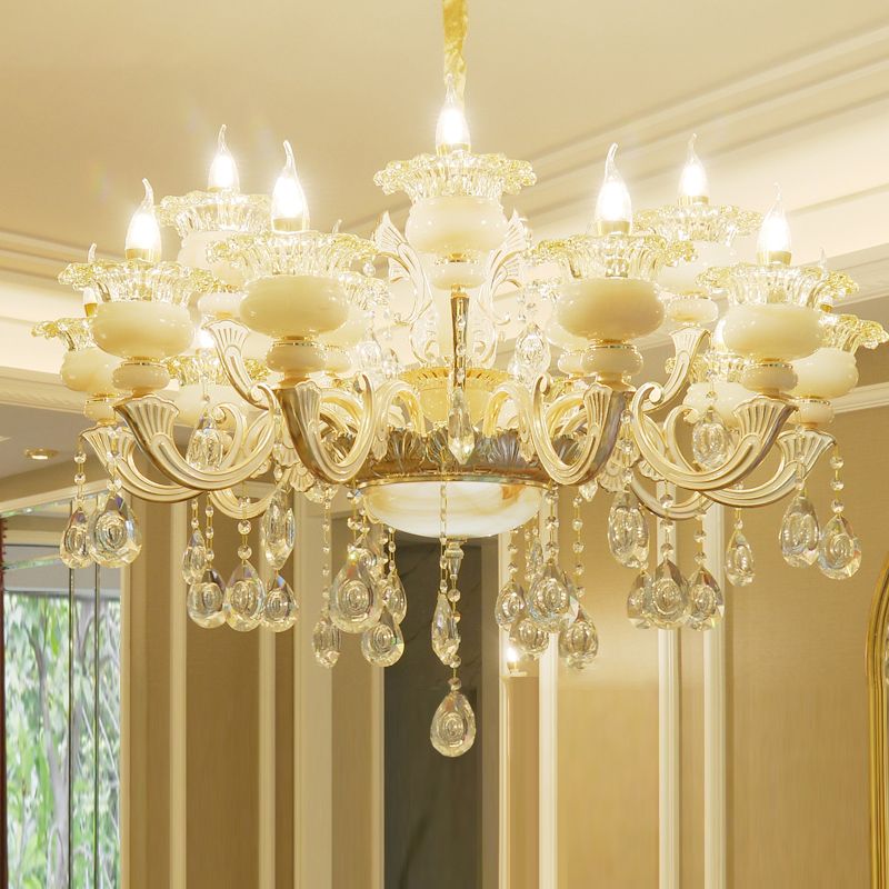 Gold Floral Ruffle Ceiling Lighting Traditional Jade Living Room Chandelier Light with Crystal Draping