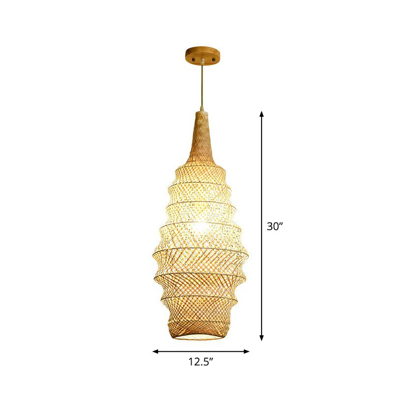Bamboo Cage Pendant Light Fixture Asia 1-Head Wood Suspension Lighting for Restaurant