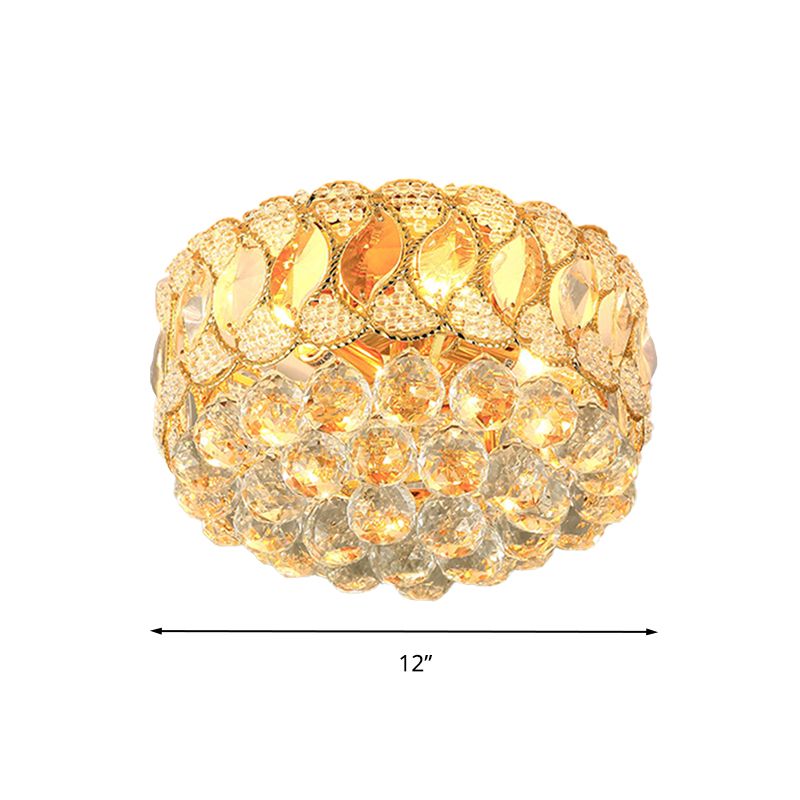 Gold Circular Ceiling Light Contemporary 3 Bulbs Crystal Ball Flush Mount Lamp for Bedroom